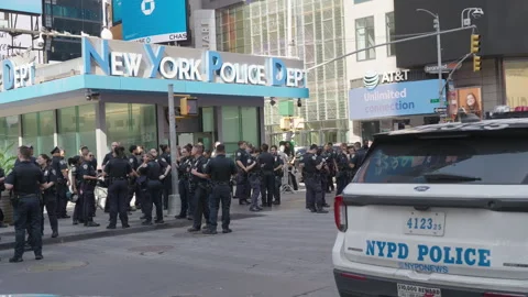 Large Group of NYPD Gathered at Times Square Police Department During Morning Stock Footage 341116782