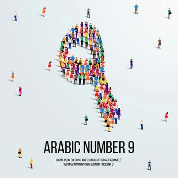 Large group of people form to create the number 9 or Nine in Arabic. Stock Illustration
