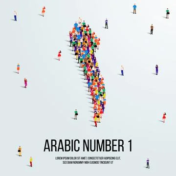 Large group of people form to create the number 1 or One in Arabic. Illustrazione stock