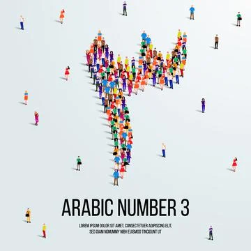 Large group of people form to create the number 3 or Three in Arabic. Stock Illustration