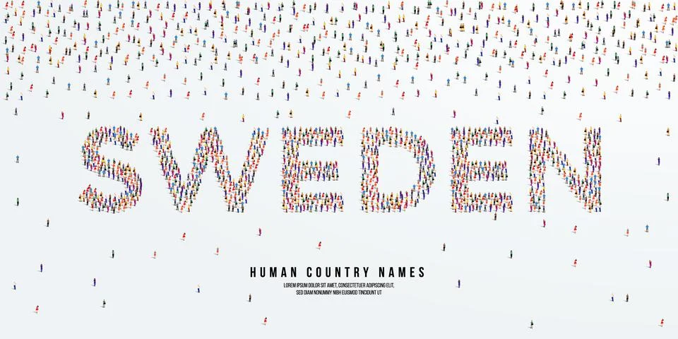 Large group of people form to create country name Sweden. Stock Illustration