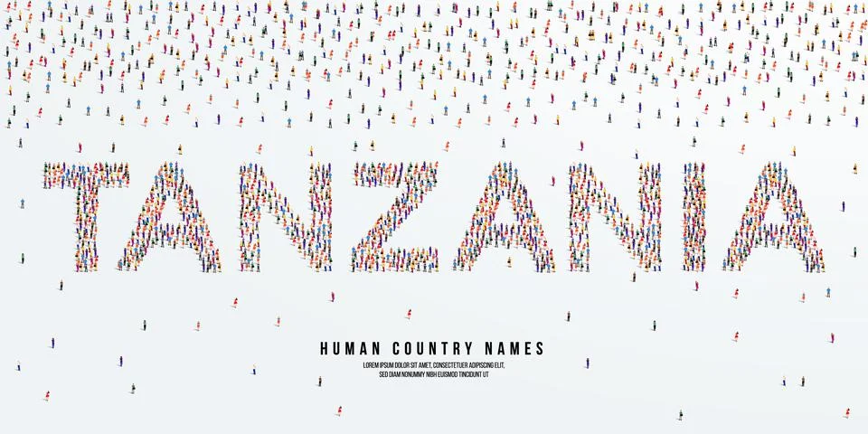 Large group of people form to create country name Tanzania. vector illustration. Illustrazione stock
