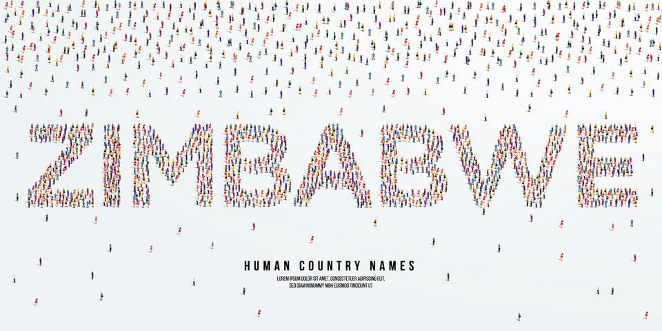 Large group of people form to create country name Zimbabwe. Stock Illustration
