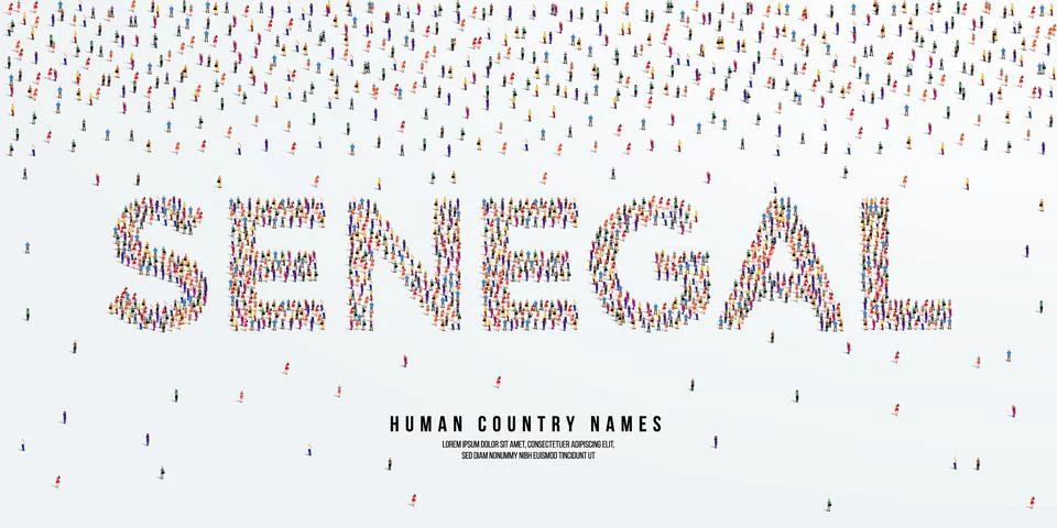 Large group of people form to create country name Senegal. Illustrazione stock
