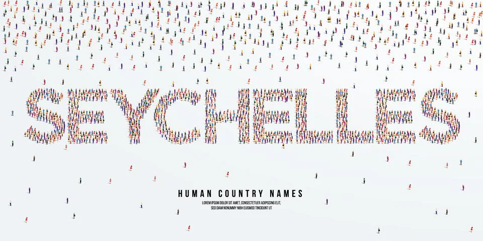 Large group of people form to create country name Seychelles. Stock Illustration