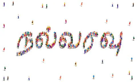 A large group of people form to create the word Welcome or Hello in Tamil script Stock Illustration