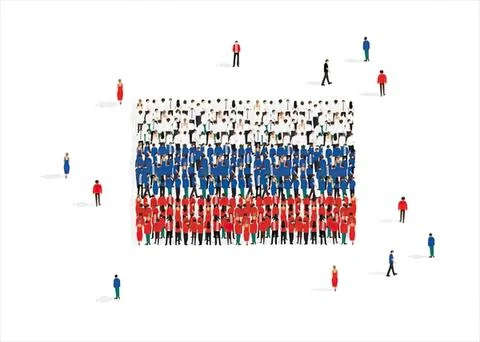 Large group of people forming flag with red, blue, white colors Stock Illustration