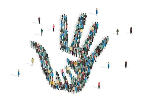 Large group of people forming a hand shape on white background Stock Illustration