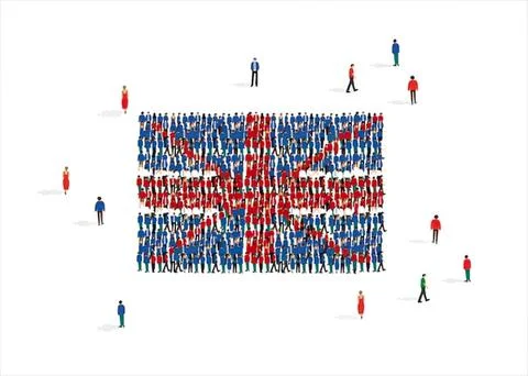 Large group of people forming a union jack flag on white background Stock Illustration
