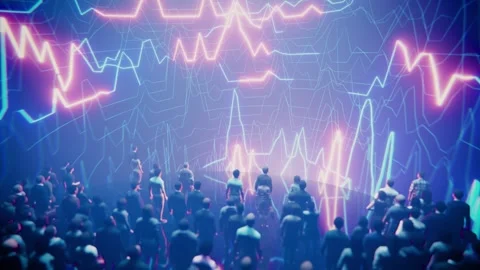 A large group of people observing a complex data visualization of financial Stock Footage 347880816