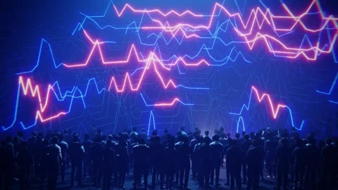 A large group of people observing a complex data visualization of financial Stock Footage 347880964