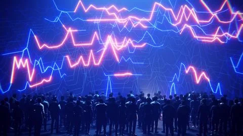 A large group of people observing a complex data visualization of financial Stock Illustration