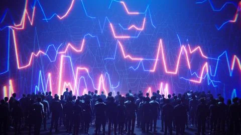 A large group of people observing a complex data visualization of financial Stock Illustration