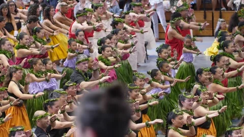 Large Group of People Performing Hawaiian Hula Dance Together at Merrie Monarch Stock Footage 346209832