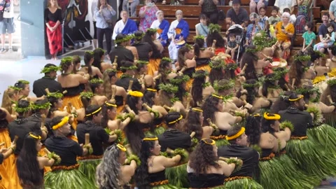 Large Group of People Performing Hawaiian Hula Dance in Green at Merrie Monarch Stock Footage 346210152