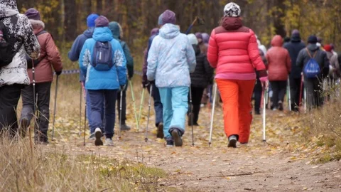 Large group of people practicing Nordic Walking.slow motion.back view Stock Footage 115882757