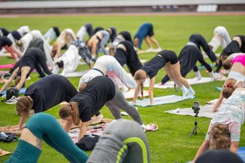 Large group of people practicing outdoor yoga in downward dog pose Фото