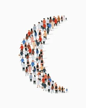 Large group of people in the shape of crescent. Islam sign. Muslim background Stock Illustration