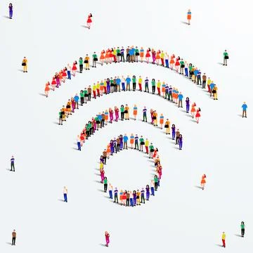 Large group of people in the shape of wi-fi sign. Wireless internet. Illustrazione stock