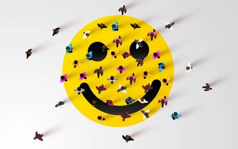 Large group of people standing around smiling emoji. People crowd. Top view. Stock Illustration