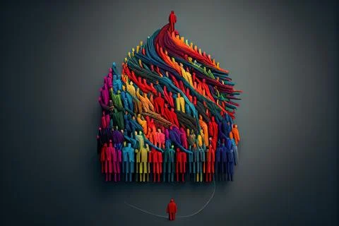 A large group of people standing in front of a building made of colored peo.. Stock Illustration