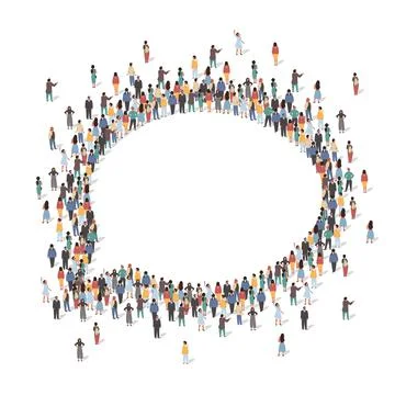 Large group of people standing together in the shape of speech bubble, flat Stock Illustration
