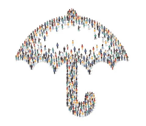 Large group of people standing together in the shape of umbrella, flat vector Stock Illustration