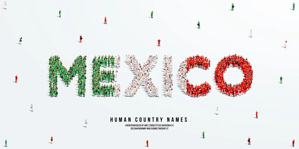 A large group of people stands, making up the word Mexico. Mexico flag Illustrazione stock