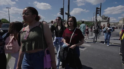 A large group of people walking across a crosswalk in Paris Stock Footage 304231850