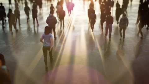 Large group of people walking briskly under ethereal sunlight, casting long Stock Footage 313139048