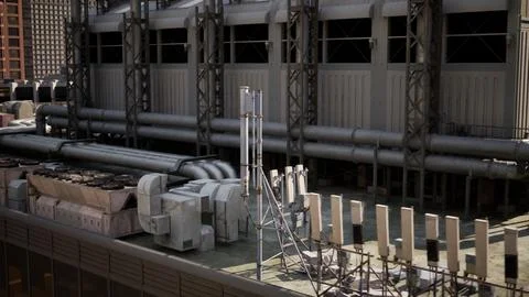 A large group of pipes is seen on the side of a building in a busy cityscape Ilustración de archivo
