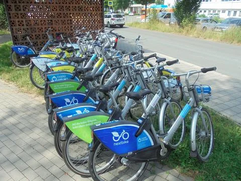 Large group of shared bikes at a bus stop in Ostrava. Stock Photos