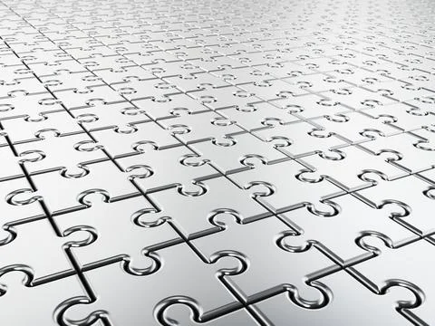 Large group of silver jigsaw puzzle pieces. 3D illustration Stock Illustration