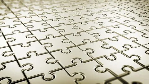 Large group of silver jigsaw puzzle pieces. 3D illustration Stockillustratie