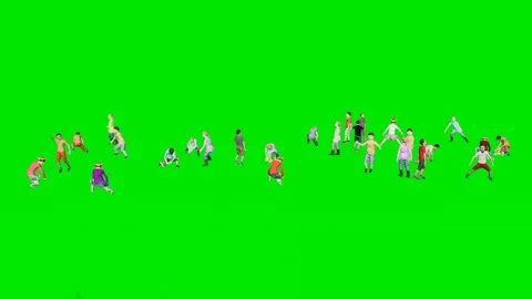 Large group of small kids playing fast set on a 3d animated green screen Video stock 329596962