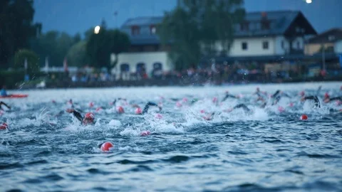 A large group of swimmers in a competition Stock Footage 118834349