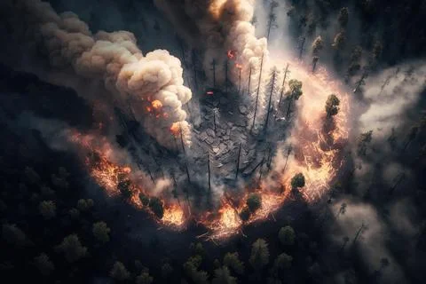 A large group of trees on a forest with smoke coming out of them and a lot .. Illustrazione stock