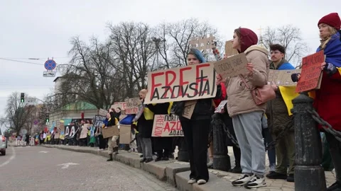 Large group of Ukrainians on a demonstration for a prisoner exchange Stock Footage 266535117