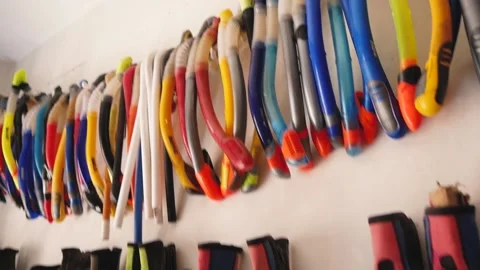 A Large Group Of Used Diving Equipment In Rows And On The Shelves Stock Footage 221618457