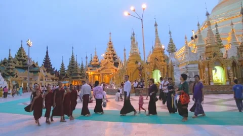 Large group of young monks walking at Shwedagon Pagoda Stock Footage 53239465