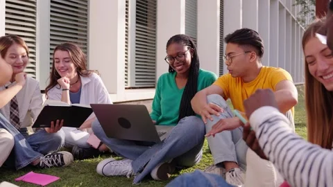 A large group of young multiracial students gathered in a park smiling and Stock Footage 260577179