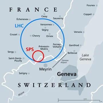 Large Hadron Collider and Super Proton Synchrotron, gray political map Stock Illustration