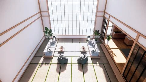 Large hall interior design, Big room . japanese style interior mock up with a Stock Illustration