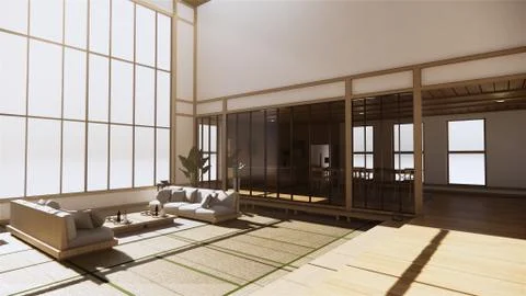 Large hall interior design, Big room . japanese style interior mock up with a Stock Illustration
