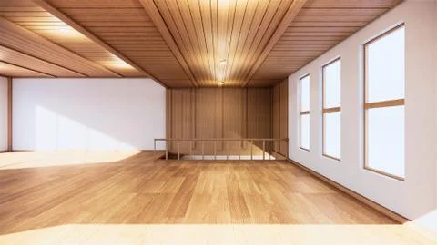 Large hall interior design, Big room . japanese style interior mock up. 3D re Ilustración de archivo