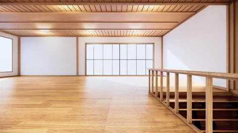 Large hall interior design, Big room . japanese style interior mock up. 3D re Ilustración de archivo