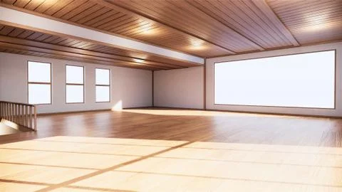 Large hall interior design, Big room . japanese style interior mock up. 3D re Ilustración de archivo