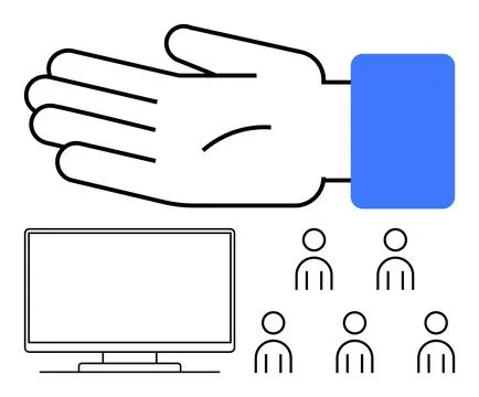 Large Hand, Computer Display, and Human Figures Representing Guidance and P.. イラスト素材