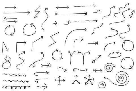 Large Hand Drawn Cartoon Vector Set Collection of Arrow Symbol Designs in Bla Stock Illustration