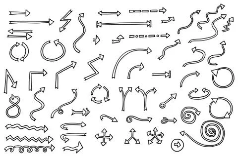 Large Hand Drawn Cartoon Vector Set Collection of Arrow Symbol Designs in Bla Stock Illustration
